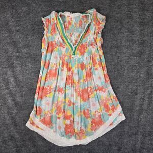 Poupette St Barth Floral Tunic Dress XS Boho Beach Cover Up Crochet Hem Flowy